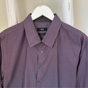 Hugo Boss Burgundy and Black Patterned Long Sleeve Dress Shirt SZ XXL